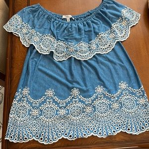 Fever off the shoulder top with ruffle size Medium.  Medium blue with white.